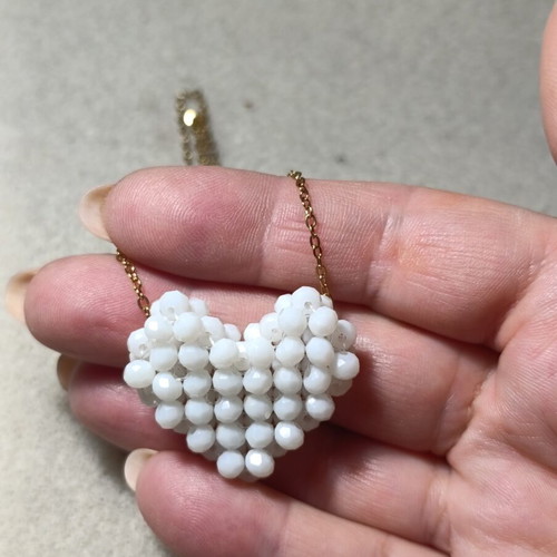 Necklace handmade heart with crystals, white, new