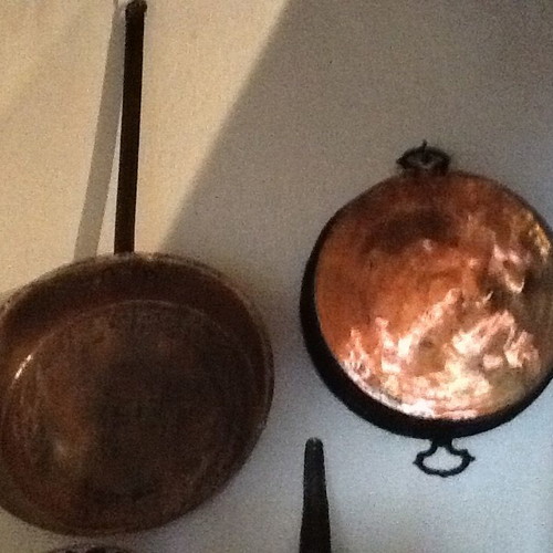 Copper cooking utensils used, large pan and deep platter