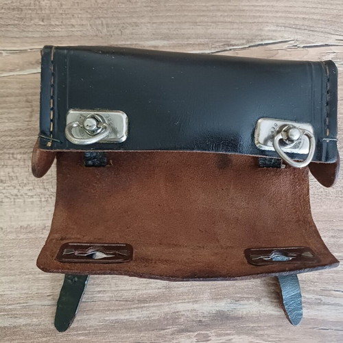 Leather bicycle tool bag used, vintage black with metal clasps