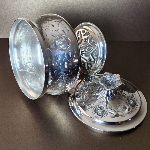 Traditional footed sugar bowl used, silver-plated brass with floral decoration