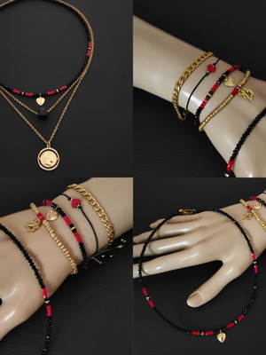Layered necklace & 4 bracelet gift set | 14K steel | Semi-precious stones & zircon