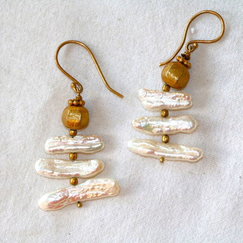 Gold Earrings Raw Pearls with 22K Gold Plated Clasp New