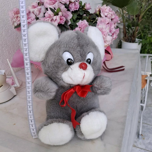 Stuffed gray mouse toy with red bow new