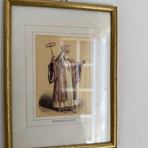 Collection of 6 framed 19th century costume lithographs used