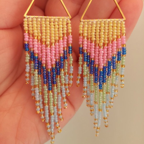 Handmade earrings with pastel tassels, gold triangle and steel hook