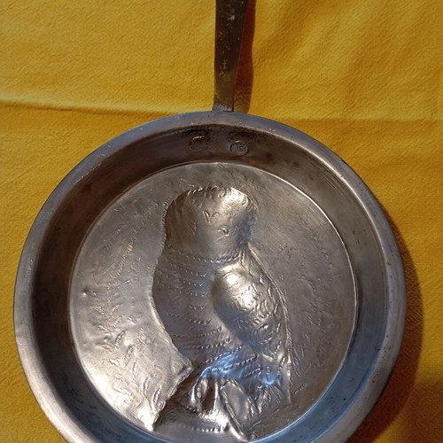 Vintage copper decorative frying pan with embossed owl used