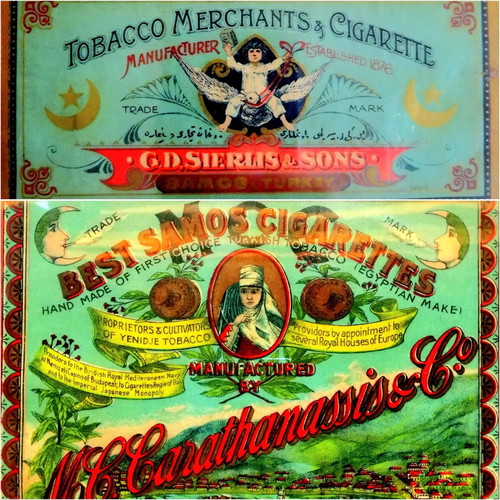 Samos Cigarette Vignettes used, 20th century, set of 2 chromolithographs