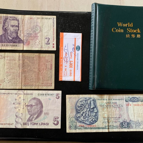 Set collection of various coins and banknotes used