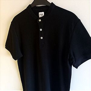 Zara μπλουζάκι polo με μαο (παπαδιστικο) γιακά, χρώματος μαύρο, μέγεθος large.