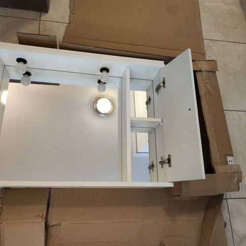 White bathroom mirror with cabinet and 2 lights like new