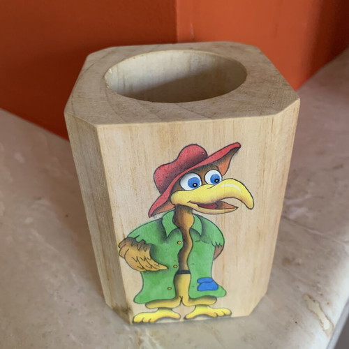 Wooden pencil holder new with vintage cartoon bird painting