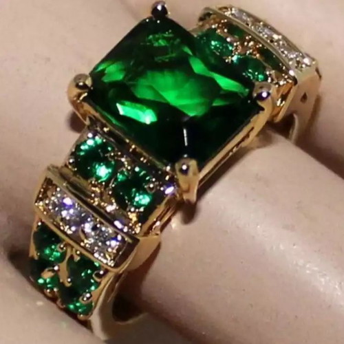 Ring with emeralds and crystals, new, gold plated