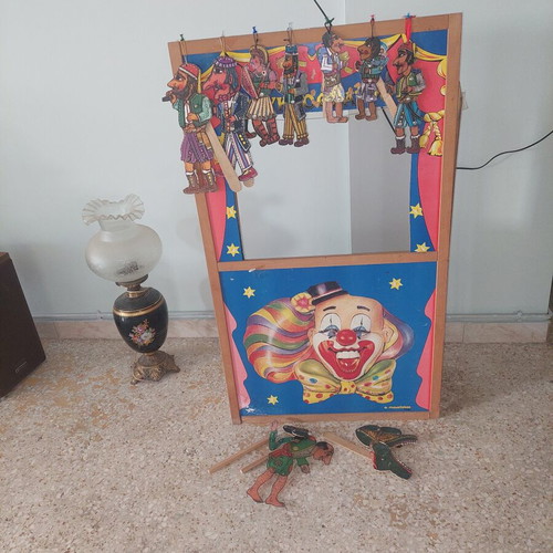 Karagiozis Puppet Theater used with 9 wooden figures and 1 wooden stage