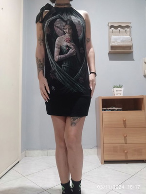 Gothic mini dress used with winged angel print and satin ribbon