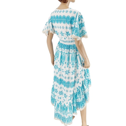 Long turquoise white dress new, 100% cotton with lace Positano