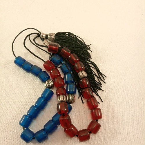 Two worry beads red and blue 30 and 35 cm synthetic with transparent beads
