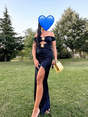 Zeynep Tosun blue metallic maxi dress like new with gold buckles