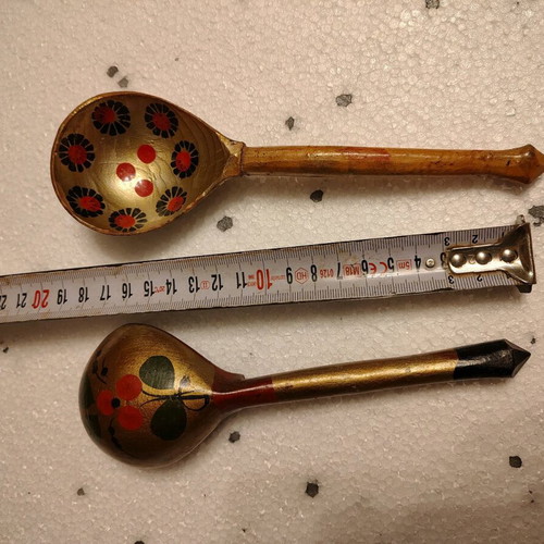Set of wooden Japanese hand-painted spoons restored