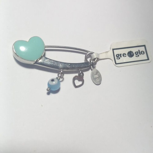Gregio silver (925) safety pin with turquoise enamel heart and eye charm new