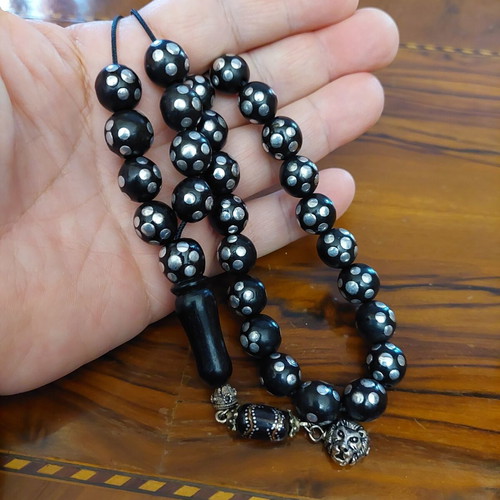 Komboloi with 27 ebony beads and silver metal inlays new