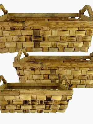 Wicker basket set of 3 rectangular wooden with natural handle new