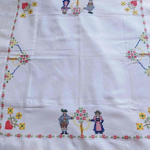 Vintage Austrian tablecloth like new, white with colorful embroidery