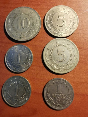 Dinar coins used 6 pieces 1968-1978 Yugoslavia