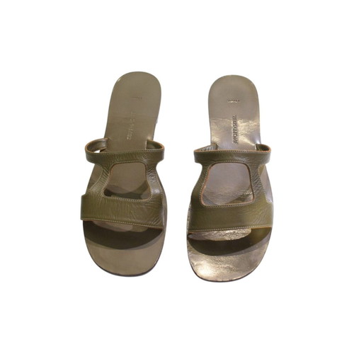 Zeus+Dione leather flat slides sandals used, khaki olive green H-strap IT 41