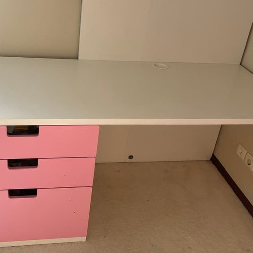 IKEA STUVA loft bed 90x200 with desk, wardrobe & drawers, white-pink
