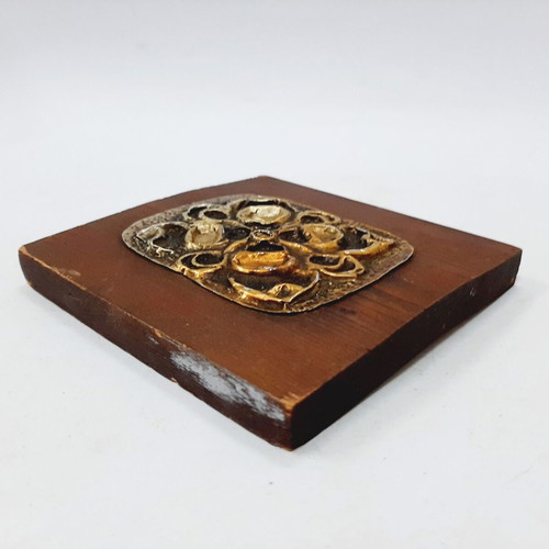 Vintage Brutalist Brass Wall Plaque on Wood used