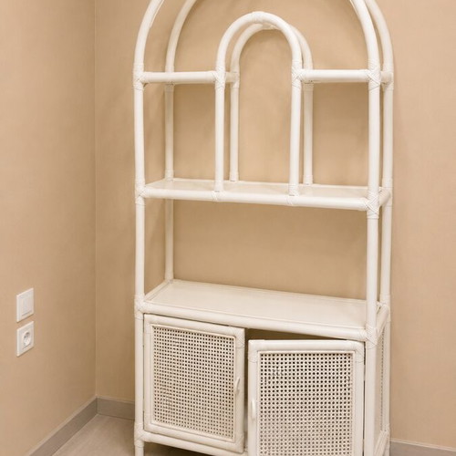 Boho furniture set from bamboo and rattan used, shelf, armchair, 2 nightstands