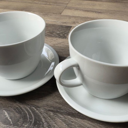 Set of 2 white coffee cups with saucers like new, minimal design