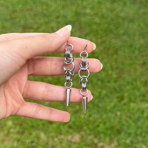 Chainmail steel dangling earrings handmade, new, silver color