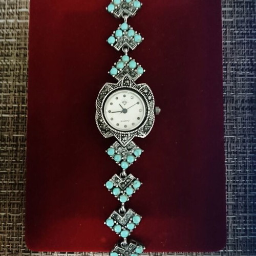 Silver women's watch 925 with turquoise and marcasite new