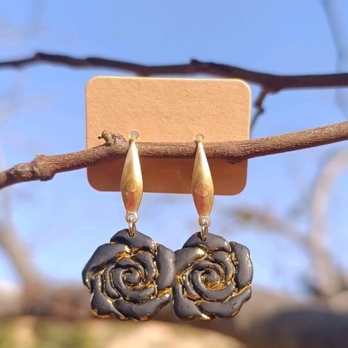 Rose earrings handmade new, black and gold