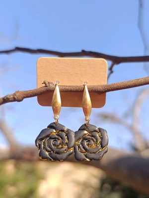 Rose earrings handmade new, black and gold