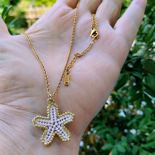 Steel starfish miyuki necklace made to order, beige and gold