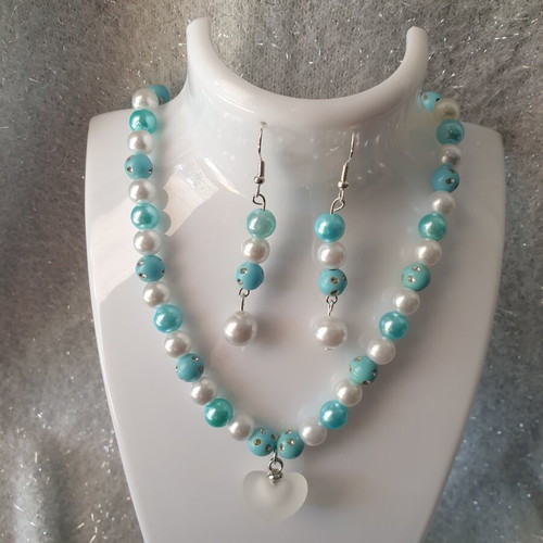 Handmade beaded turquoise and white summer necklace and earrings set new