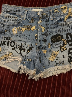 Zara denim shorts new with black and gold designs, size M