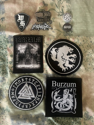 Bundle of NSBM black metal pins and patches including Burzum, Absurd, Satanic Warmaster, Nordglanz, Wehrhammer