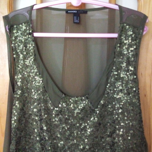 Mango dark green top like new, size L/XL, sequins and chiffon