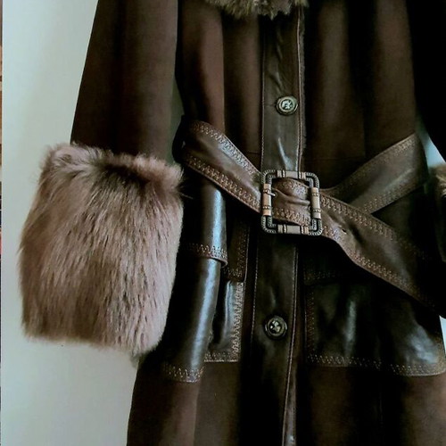 Long mouton coat made of genuine leather and natural fur new, brown, size S