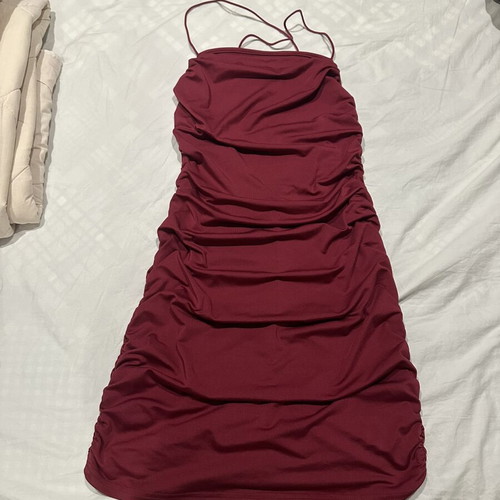 Shein Burgundy Mini Ruched Backless Dress, Size M