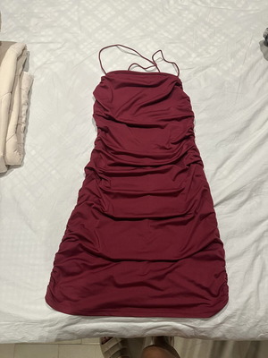 Shein Burgundy Mini Ruched Backless Dress, Size M