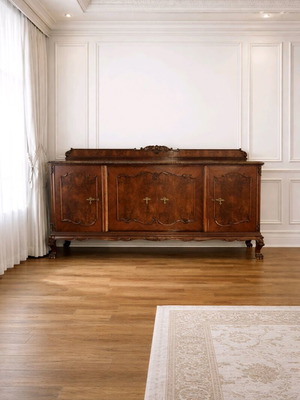 Antique walnut sideboard buffet cabinet used with lion's feet and brass details