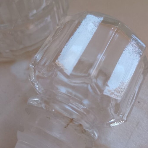 Glass decanter with stopper used, beveled design
