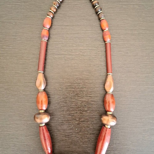 Ethnic Handmade Rosewood Necklace with Metal Clasp and Leather Cord like new