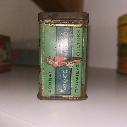 Loumides tin box used, rare Greek coffee packaging