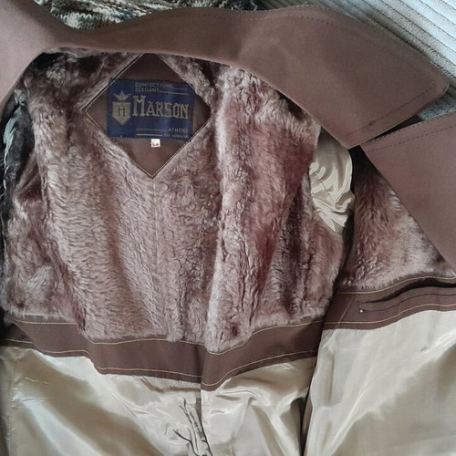 Unisex trench coat like new with fur on shoulder brown Greek made