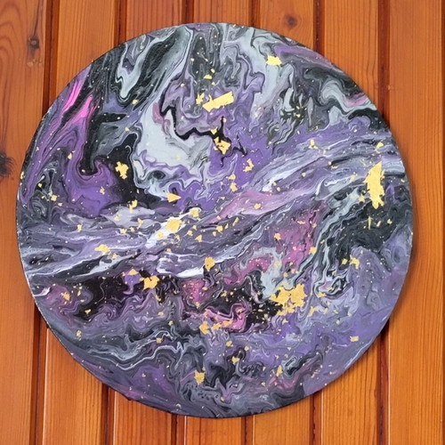 Round canvas painting, fluid art with acrylic and gold leaf